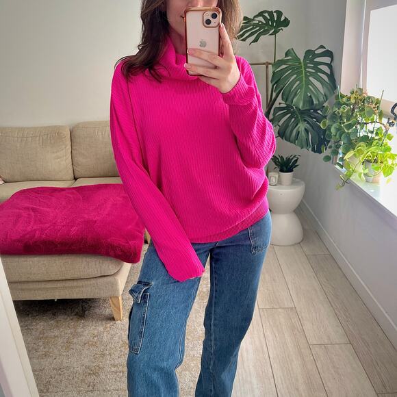 Maeve by Anthropologie Hot Pink Cutout Back Turtleneck Sweater Size Medium - Picture 1 of 9